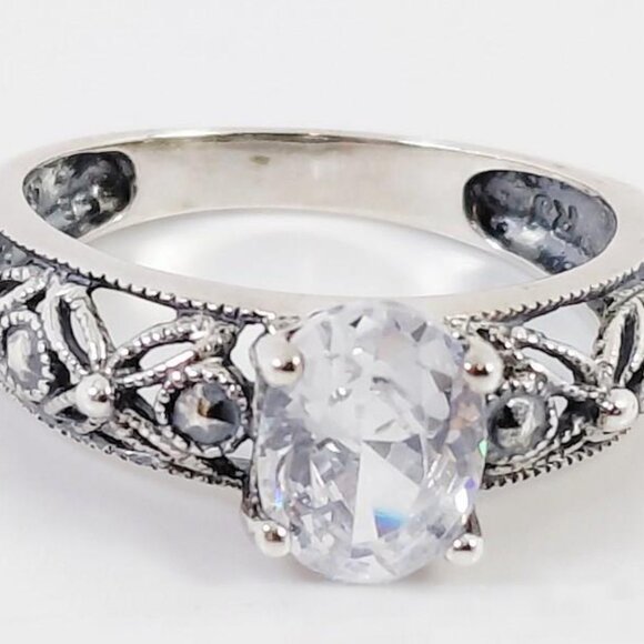 RJ 925 Silver Open Cut Filigree Floral CZ Wedding Band Ring Set Sz 6 - Picture 4 of 6